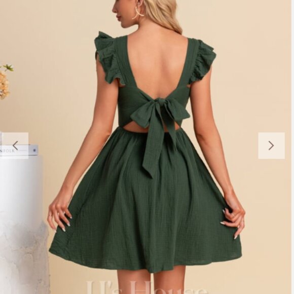 NWT JJ’s House Green V‑Neck A‑Line Mini Dress • Size L • Cotton Blend Trapeze - Picture 2 of 5